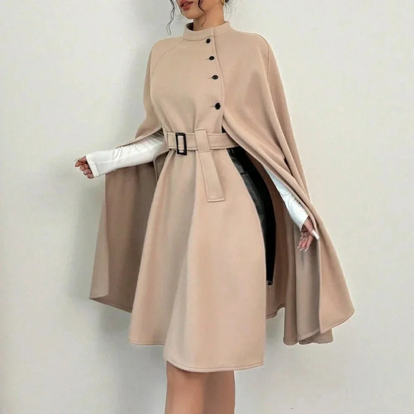 Khaki Elegant Women's Casual Cape Sleeve Button Decor Wool Blend Jacket - Picture 3 of 6